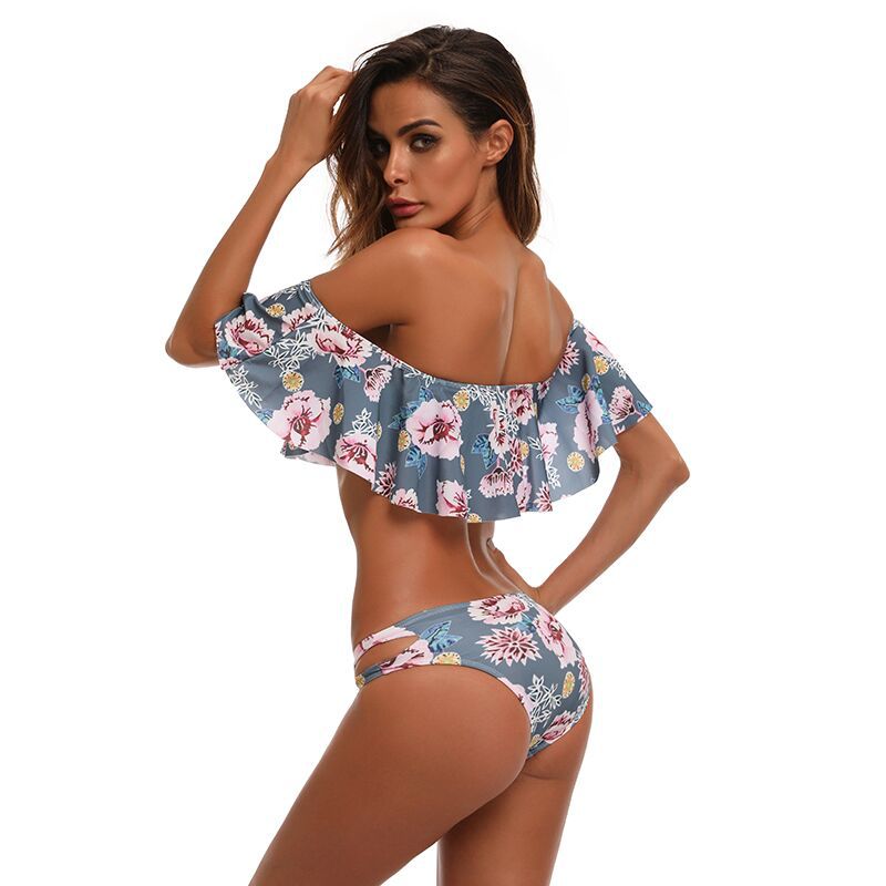 F4689  Women Two Pieces Sexy Floral Print Ruffled Flounce Off Shoulder Bikini